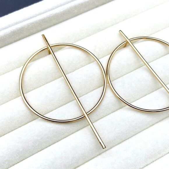 Yellow Gold Minimalistic Geometric Hoop Circle and Bar Post Back Earrings - Picture 6 of 9